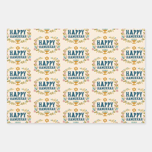 HAPPY HANUKKAH bloemenkrans Joodse feestdag Set va Inpakpapier Vel (Voorkant)