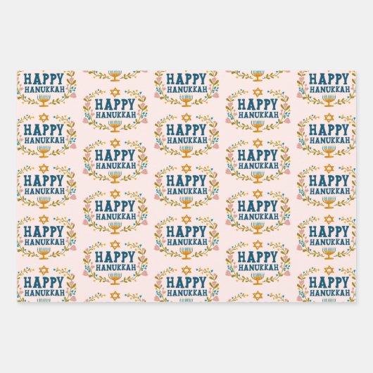 HAPPY HANUKKAH bloemenkrans Joodse feestdag Set va Inpakpapier Vel (Voorkant)