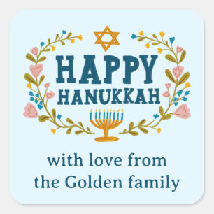 HAPPY HANUKKAH bloemenkrans Joodse Vakantie CUSTOM Vierkante Sticker
