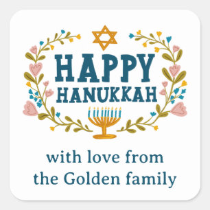 HAPPY HANUKKAH bloemenkrans Joodse Vakantie CUSTOM Vierkante Sticker