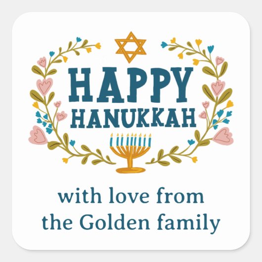 HAPPY HANUKKAH bloemenkrans Joodse Vakantie CUSTOM Vierkante Sticker (Voorkant)