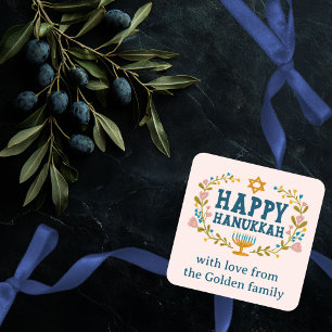 HAPPY HANUKKAH bloemenkrans Joodse Vakantie CUSTOM Vierkante Sticker