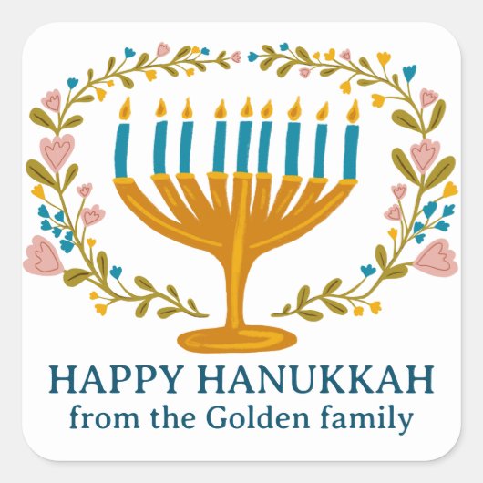 HAPPY HANUKKAH bloemenkrans Joodse Vakantie CUSTOM Vierkante Sticker (Voorkant)