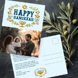 HAPPY HANUKKAH Bloemenkrans Menorah Aangepaste FOT Briefkaart<br><div class="desc">Hand getekende tekst en bloemen door mij voor u. Klik op "personaliseren" om uw eigen foto aan de voorkant en tekst toe te voegen en het adres terug te sturen naar de achterkant van het briefkaart of de achtergrondkleuren te wijzigen. Alles is aanpasbaar. Voor meer design en kleuren check mijn...</div>