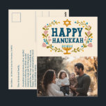 HAPPY HANUKKAH Bloemenkrans Menorah Aangepaste FOT Briefkaart<br><div class="desc">Hand getekende tekst en bloemen door mij voor u. Klik op "personaliseren" om uw eigen foto aan de voorkant en tekst toe te voegen en het adres terug te sturen naar de achterkant van het briefkaart of de achtergrondkleuren te wijzigen. Alles is aanpasbaar. Voor meer design en kleuren check mijn...</div>