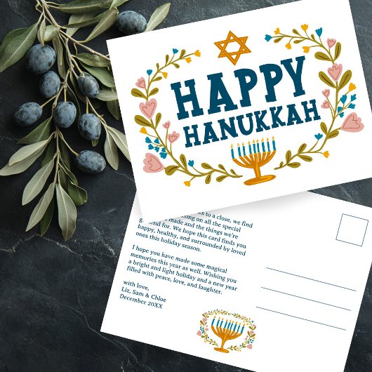 HAPPY HANUKKAH Bloemenkrans Menorah Aangepaste tek Briefkaart