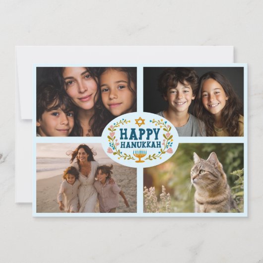 HAPPY HANUKKAH Bloemenkrans Menorah Custom Foto's Feestdagenkaart (Voorkant)