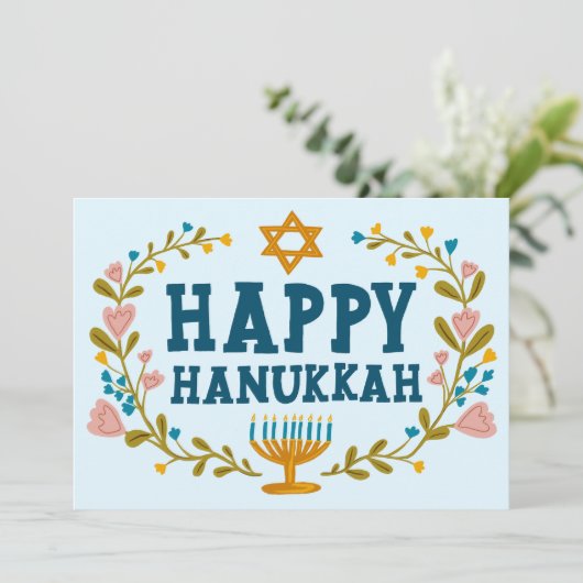 HAPPY HANUKKAH Bloemenkrans Menorah Custom Foto's Feestdagenkaart (Staand voorkant)