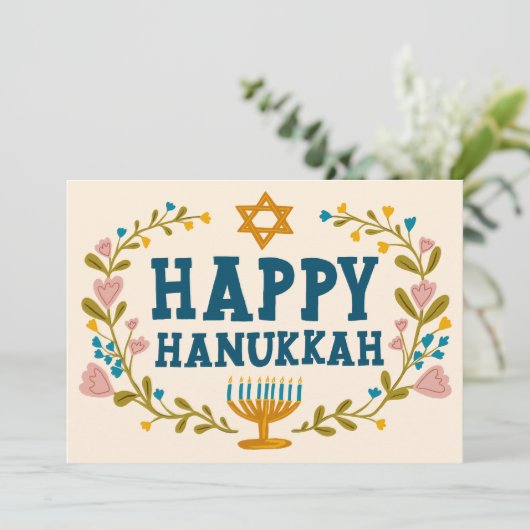 HAPPY HANUKKAH Bloemenkrans Menorah Custom Foto's Feestdagenkaart (Staand voorkant)