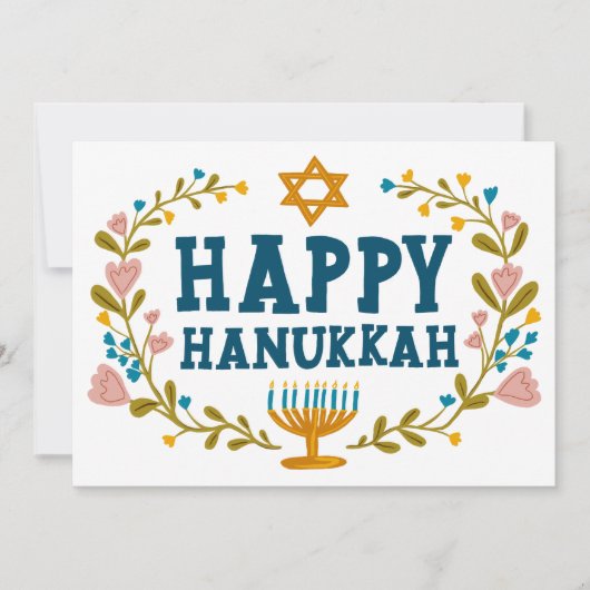 HAPPY HANUKKAH Bloemenkrans Menorah Custom Foto's Feestdagenkaart (Voorkant)