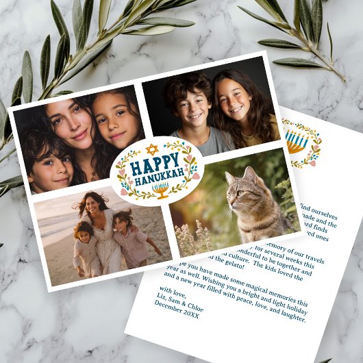 HAPPY HANUKKAH Bloemenkrans Menorah Custom Foto's Feestdagenkaart