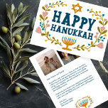 HAPPY HANUKKAH Bloemenkrans Menorah Custom Foto's Feestdagenkaart<br><div class="desc">Hand getekende tekst en bloemen door mij voor u. Klik op "personaliseren" om uw eigen tekst en foto's aan de achterkant van het briefkaart te bewerken en toe te voegen of de achtergrondkleuren te wijzigen. Alles is aanpasbaar. Voor meer design en kleuren check mijn shop! Of laat het me weten...</div>