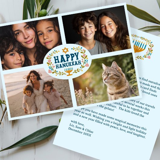 HAPPY HANUKKAH Bloemenkrans Menorah Custom Foto's Feestdagenkaart