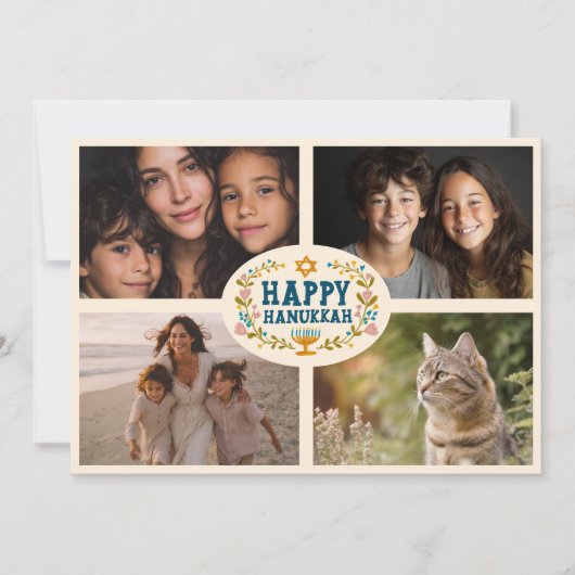 HAPPY HANUKKAH Bloemenkrans Menorah Custom Foto's Feestdagenkaart (Voorkant)
