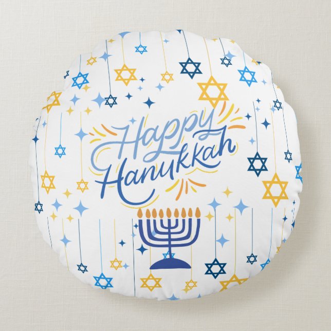 Happy Hanukkah Blue And Gold Rond Kussen (Voorkant)