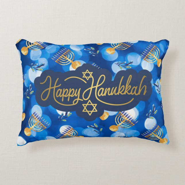 Happy Hanukkah Blue And White Accent Kussen (Voorkant)