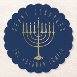Happy Hanukkah Blue Gold Menorah Holiday Kartonnen Onderzetters