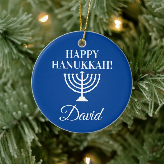 Happy Hanukkah blue menorah aangepast Jwish Holida Keramisch Ornament (Boom)