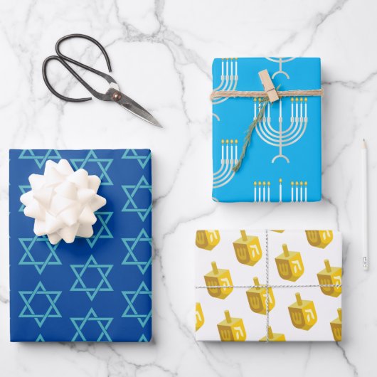 Happy Hanukkah Blue Star Menorah Dreidel Inpakpapier Vel (Voorkant)