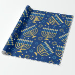 Happy Hanukkah Blue Star van David Menorah Wrappin Cadeaupapier<br><div class="desc">Happy Hanukkah,  kaarsen,  ster van David,  Menorah,  blauw patroonpapier.</div>