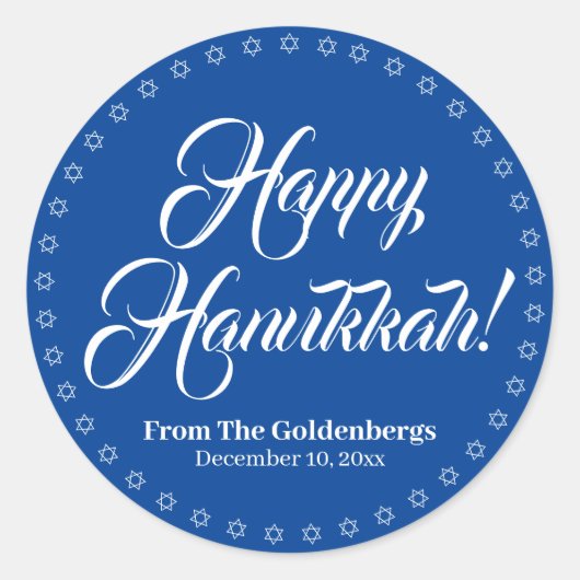 Happy Hanukkah blue white aangepaste script tekst Ronde Sticker (Voorkant)