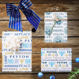 Happy Hanukkah Blue White Childs Name Typografie Inpakpapier Vel