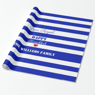 Happy Hanukkah Blue White Striped Pattern Heart Cadeaupapier