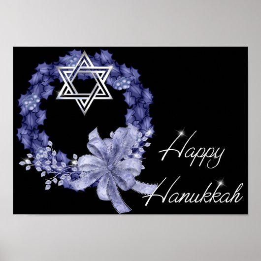 Happy Hanukkah Blue Wreath/Star ontworpen afdrukke Poster (Voorkant)