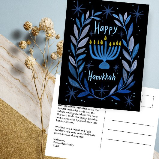 Happy Hanukkah Botanical Menorah Waterverf CUSTOM Feestdagenkaart