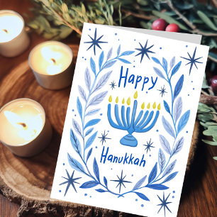 Happy Hanukkah Botanical Menorah Waterverf Feestdagen Kaart
