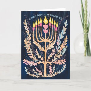 Happy Hanukkah Botanical Menorah Waterverf Feestdagen Kaart