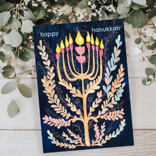 Happy Hanukkah Botanical Menorah Waterverf Feestdagenkaart