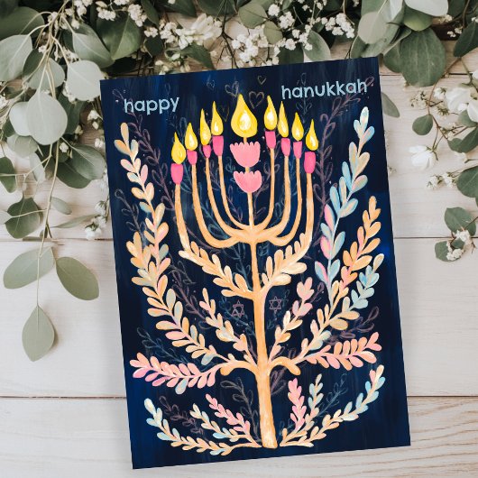 Happy Hanukkah Botanical Menorah Waterverf Feestdagenkaart
