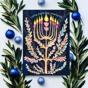 Happy Hanukkah Botanical Menorah Waterverf Feestdagenkaart