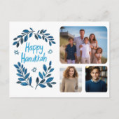 Happy Hanukkah Botanische Waterverf CUSTOM 3 Foto Feestdagenkaart (Voorkant)