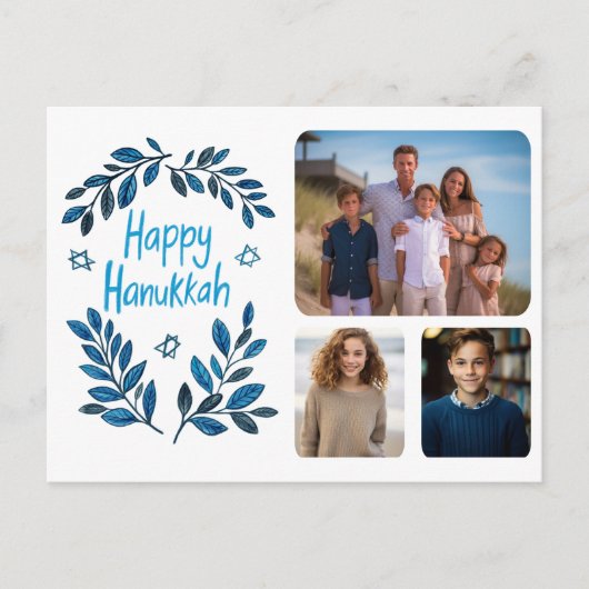 Happy Hanukkah Botanische Waterverf CUSTOM 3 Foto Feestdagenkaart (Voorkant)