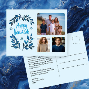 Happy Hanukkah Botanische Waterverf CUSTOM 3 Foto Feestdagenkaart