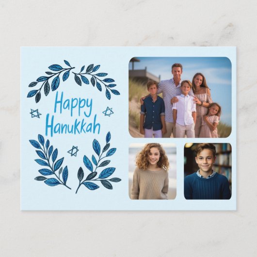 Happy Hanukkah Botanische Waterverf CUSTOM 3 Foto Feestdagenkaart (Voorkant)