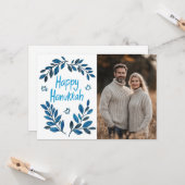 Happy Hanukkah Botanische Waterverf CUSTOM FOTO Kaart (Voorkant / Achterkant in situ)