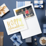 Happy Hanukkah Brushed Lettering Photo Gold Folie Kaarten<br><div class="desc">Font Happy Hanukkah in geborstelde stijl met joodse ster en eenvoudige foto met onderschrift binnenin.</div>