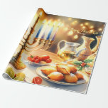 Happy Hanukkah Cadeaupapier<br><div class="desc">Hanukkah waterverf illustratie. Een prachtig ingerichte tafel voor een feestelijke viering,  met een traditionele menora met aangestoken kaarsen. Zacht,  warm licht,  terwijl vakantiedecoraties een vleugje vrolijkheid toevoegen. Warme lichten creëren een gezellige,  uitnodigende sfeer.</div>