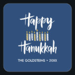 Happy Hanukkah Candles blue yellow vakantie Vierkante Sticker<br><div class="desc">Verzegel je Hanukkah mailing of je cadeau voor de feestdagen met deze grappige stickers met 'Happy Hanukkah' in moderne geborstelde typografie en een decor kaarsen in geel en blauw. Voeg jouw naam of bericht toe gebruikend de sjabloon</div>