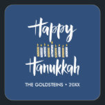 Happy Hanukkah Candles blue yellow vakantie Vierkante Sticker<br><div class="desc">Verzegel je Hanukkah mailing of je cadeau voor de feestdagen met deze grappige stickers met 'Happy Hanukkah' in moderne geborstelde typografie en een decor kaarsen in geel en blauw. Voeg jouw naam of bericht toe gebruikend de sjabloon</div>
