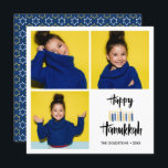 Happy Hanukkah Candles | Feestdagen 3 foto's Kaart<br><div class="desc">Festive Hanukkah Holiday foto-wenskaart met drie van uw persoonlijke foto's en "happy hanukkah" in hand letterstijl borsteltypografie en kaarsen in tinten van blues en geelluizen. Pas de douanetekst met jouw naam en jaar aan. Kaarten keren terug naar een patroon van witte en gele sterren op een gecoördineerde blauwe achtergrond.</div>