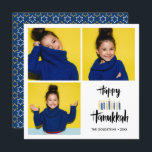 Happy Hanukkah Candles | Feestdagen 3 foto's Kaart<br><div class="desc">Festive Hanukkah Holiday foto-wenskaart met drie van uw persoonlijke foto's en "happy hanukkah" in hand letterstijl borsteltypografie en kaarsen in tinten van blues en geelluizen. Pas de douanetekst met jouw naam en jaar aan. Kaarten keren terug naar een patroon van witte en gele sterren op een gecoördineerde blauwe achtergrond.</div>