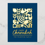 Happy Hanukkah Chanukah Gold Foil Joodse Greeting Folie Feestdagen Briefkaart<br><div class="desc">Happy Hanukkah / Chanukah Modern Geometric Holiday Greetings in Real Gold Foil op Navy. Menorah, Dreidel, Donuts, Stars & Olijfolie... Ze zijn hier allemaal. Joodse Hanukkah Symbols Ruimte om uw gepersonaliseerde tekst aan de voorkant en achterkant toe te voegen. Happy Hanukkah wil. Deze opschaalbare, mooie, kijk, is een geweldige manier...</div>