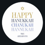 Happy Hanukkah Chanukah Holiday Round Sticker<br><div class="desc">Faux-gesimuleerde goudfolie vormen een onderdeel van dit ontwerp. Pas de aangepaste tekst hierboven aan. U kunt extra coördinerende punten in ons "Happy Hanukkah Chanukah" collectie vinden.</div>