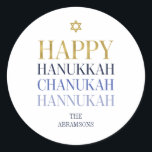 Happy Hanukkah Chanukah Holiday Round Sticker<br><div class="desc">Faux-gesimuleerde goudfolie vormen een onderdeel van dit ontwerp. Pas de aangepaste tekst hierboven aan. U kunt extra coördinerende punten in ons "Happy Hanukkah Chanukah" collectie vinden.</div>