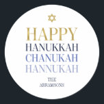 Happy Hanukkah Chanukah Holiday Round Sticker<br><div class="desc">Faux-gesimuleerde goudfolie vormen een onderdeel van dit ontwerp. Pas de aangepaste tekst hierboven aan. U kunt extra coördinerende punten in ons "Happy Hanukkah Chanukah" collectie vinden.</div>