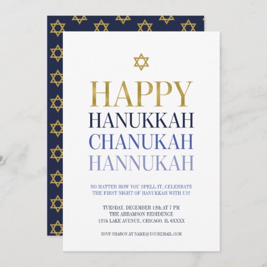 Happy Hanukkah Chanukah Party Invitation Kaart (Voorkant / Achterkant)